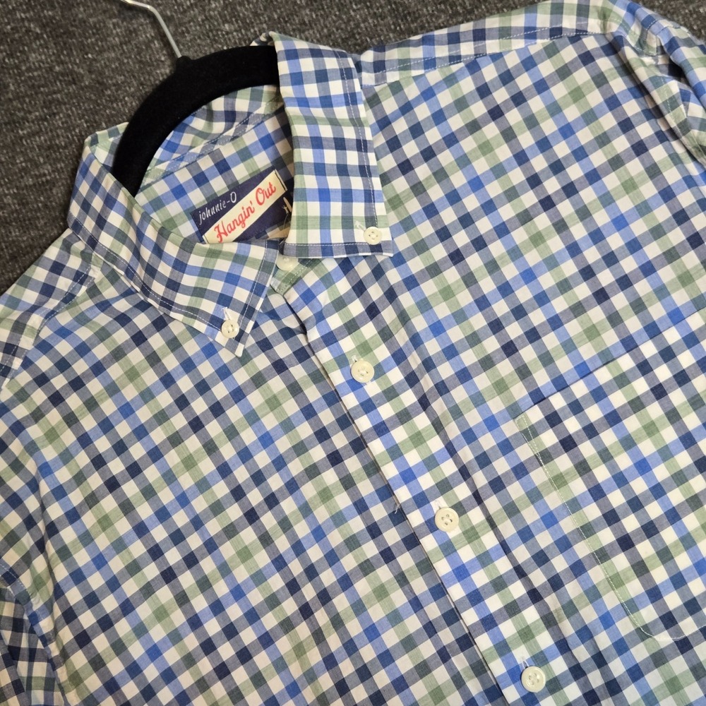 Johnnie O Hangin' Out Button Front Long Sleeve Shirt Men Medium Blue Green Check
